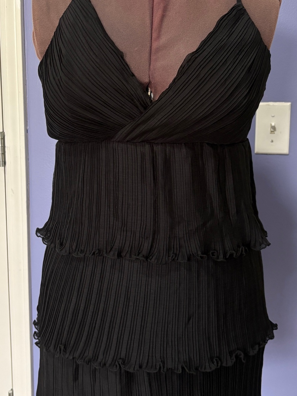 Black Pleated Tiered V-Neck Ruffle Mini Cocktail Dress